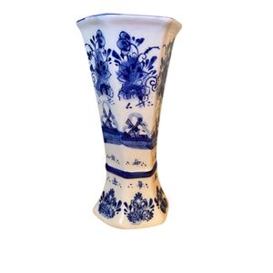 Vintage Delft Blue Holland 7" Vase, Hand Painted, Windmills